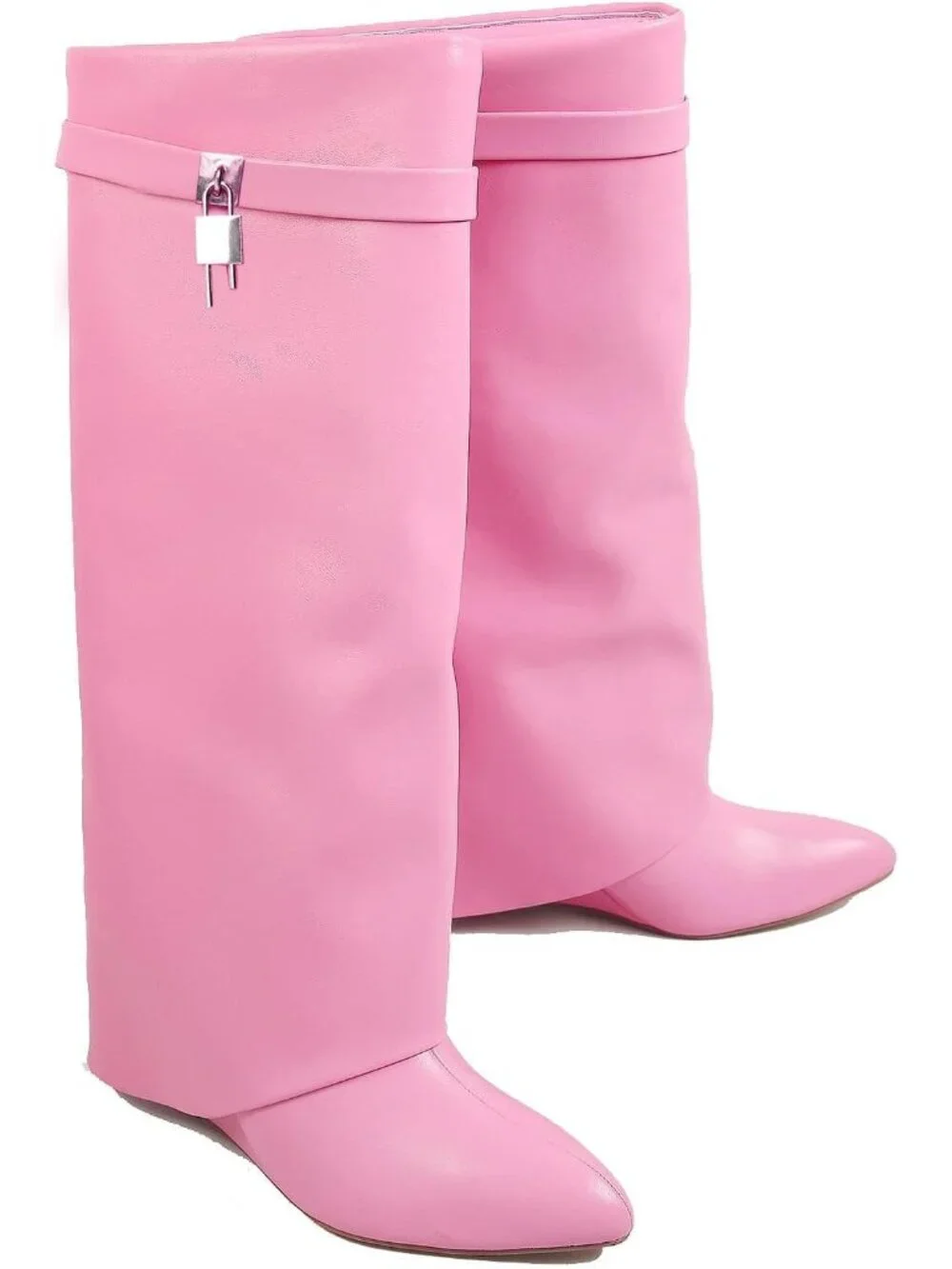 Women's Pink Fold Over Wide Calf Wedge Heel Knee High With Decorative Lock Boot